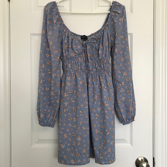 Streetwear Society Long Sleeve Sweetheart Neckline Tie Floral Dress S Blue Peach - Picture 1 of 15